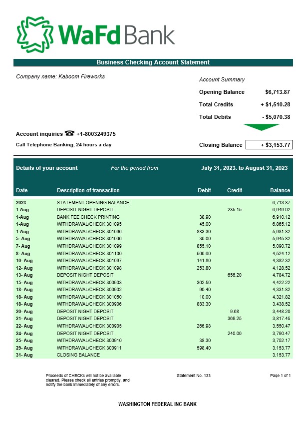 Modèle Word et PDF de relevé de compte courant d'entreprise de la Washington Federal Inc Bank